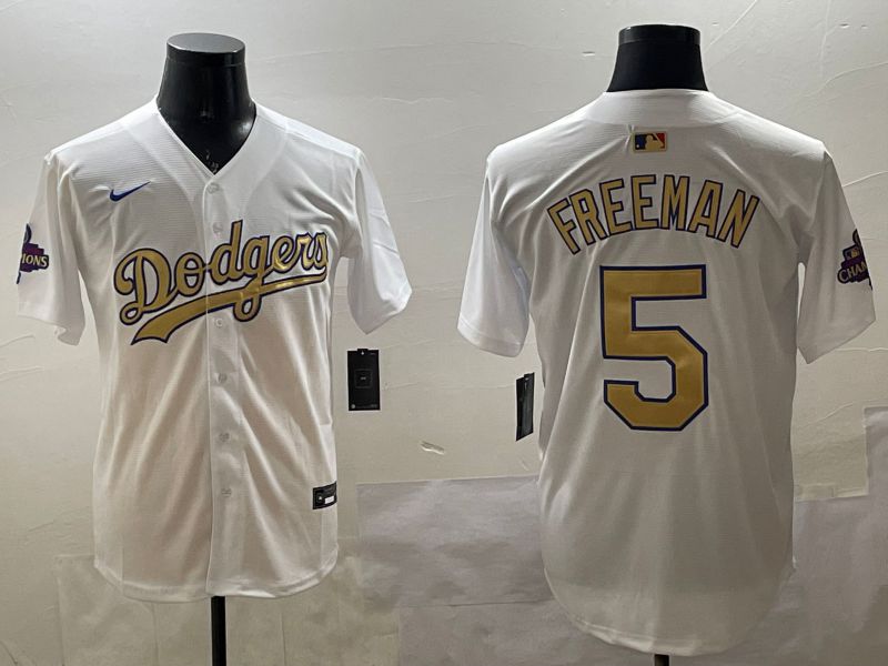 Men Los Angeles Dodgers 5 Freeman White Champion gold character 2025 Nike MLB Jersey style 3312